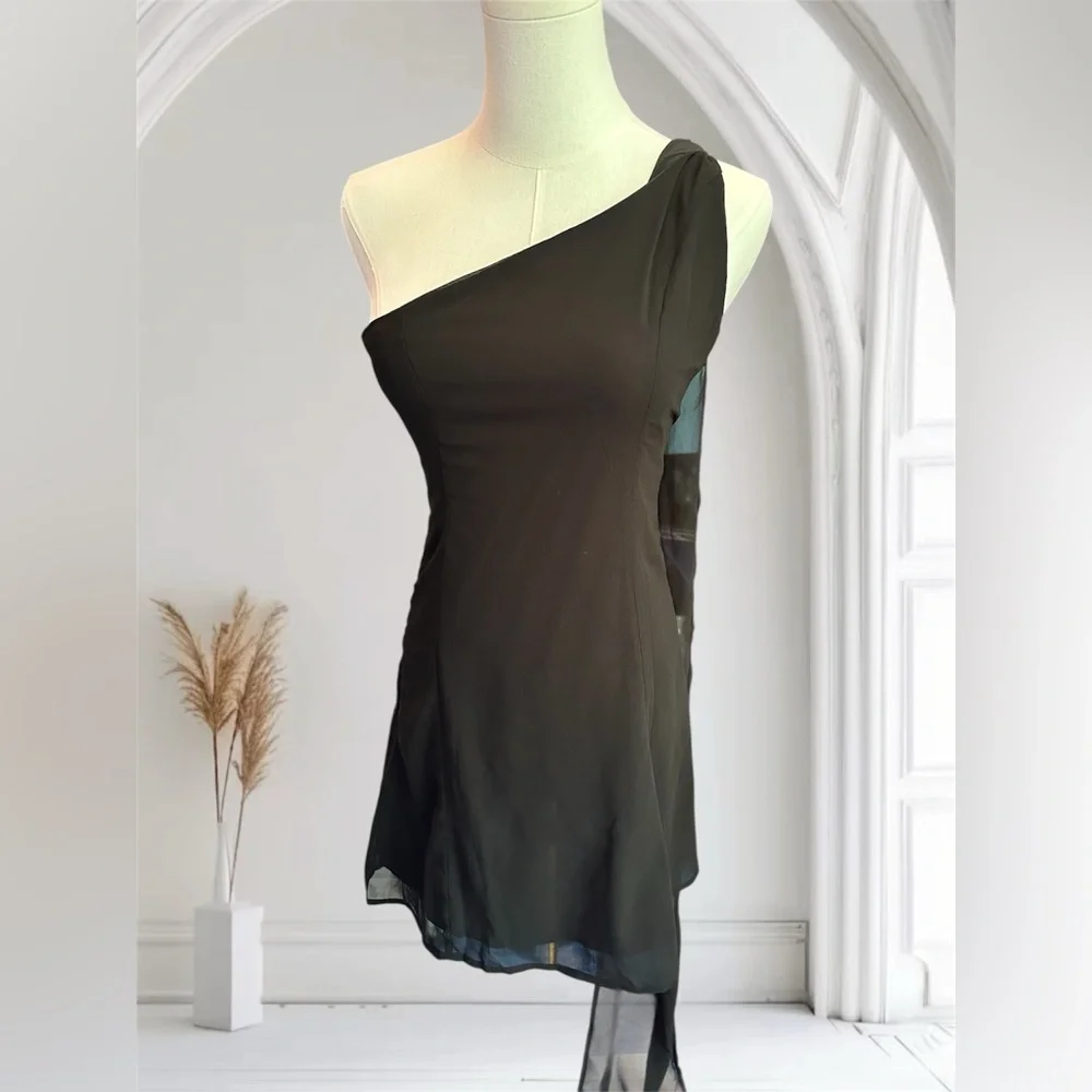 890. Commense One Shoulder Sheer Drape Mini Dress Black | Small - Picture 2 of 6